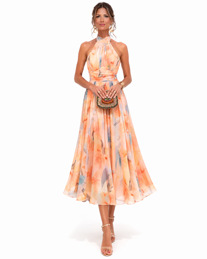 Aurora | Halter dress with an elegant neckline and watercolor print, romantic and light
