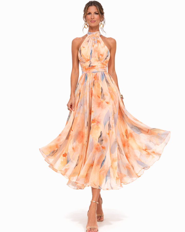 Aurora | Halter dress with an elegant neckline and watercolor print, romantic and light
