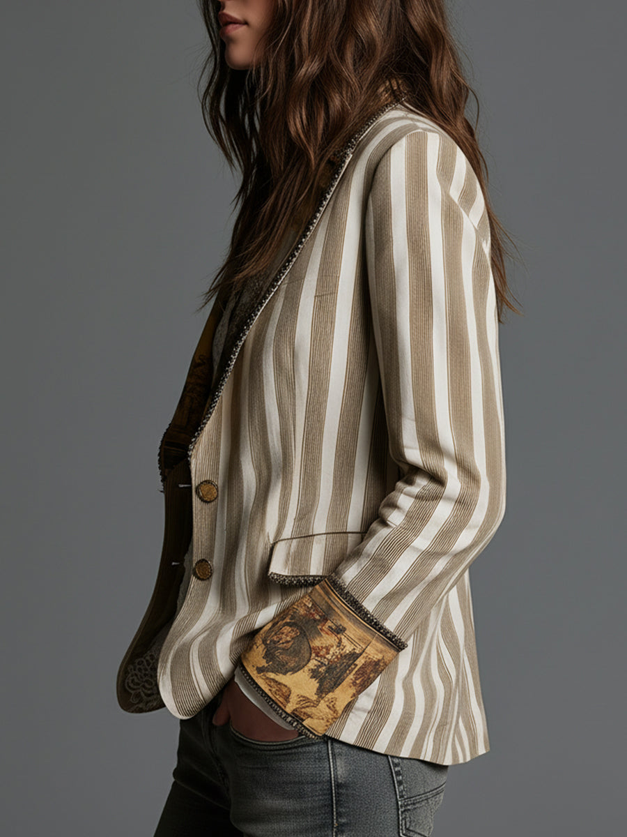 Women’s Boho Striped Print Lapel Blazer