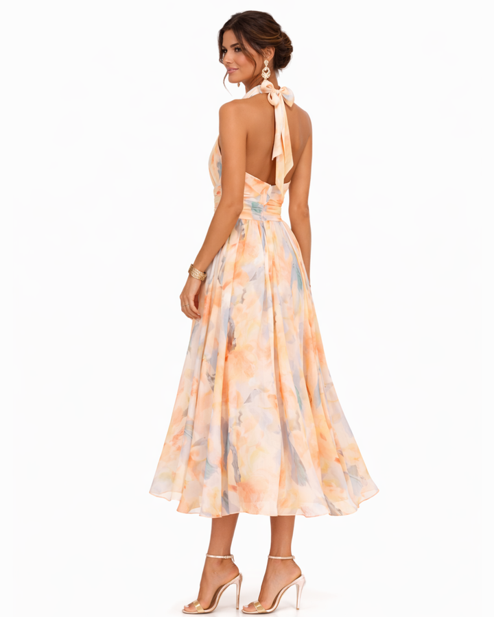 Aurora | Halter dress with an elegant neckline and watercolor print, romantic and light