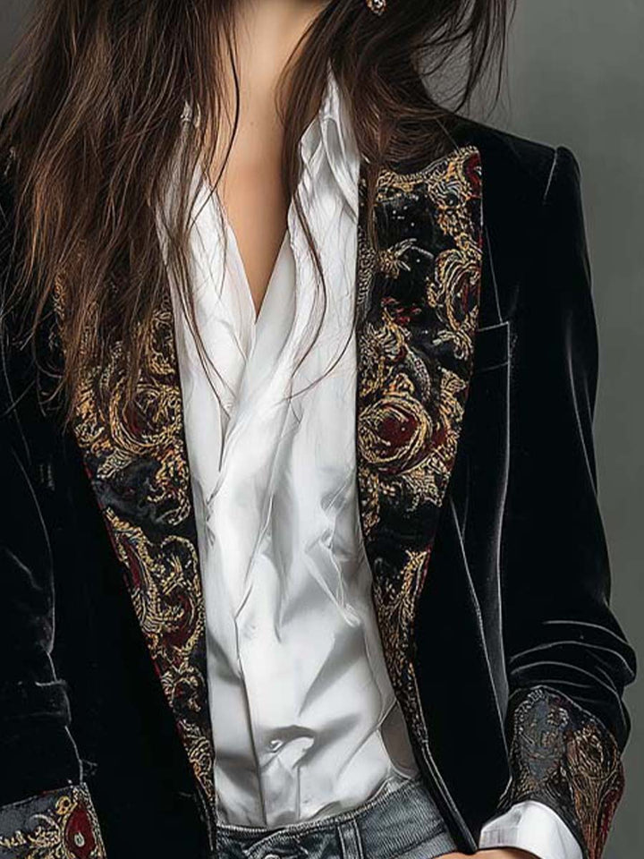 Women’s Black Baroque Print Slim Fit Blazer