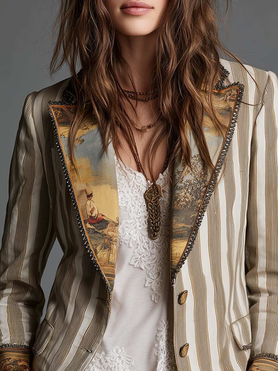 Women’s Boho Striped Print Lapel Blazer