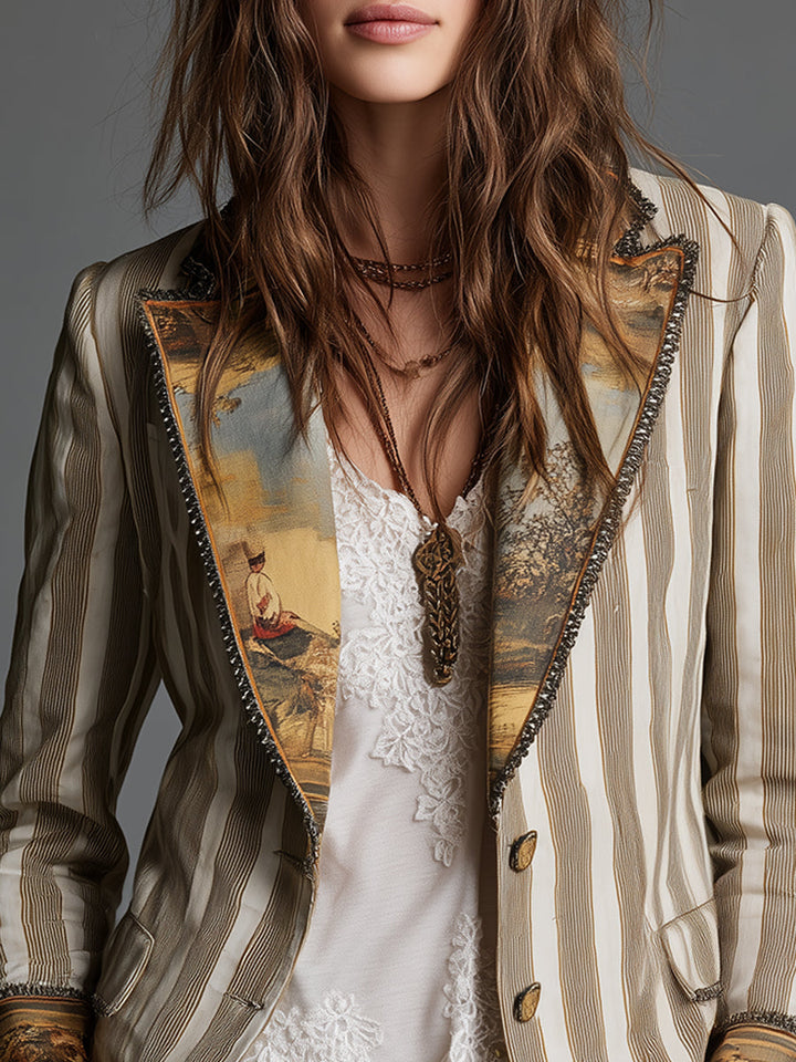 Women’s Boho Striped Print Lapel Blazer