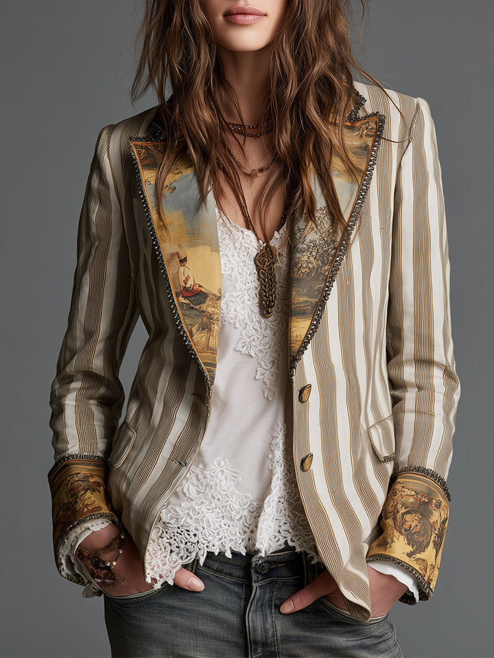Women’s Boho Striped Print Lapel Blazer