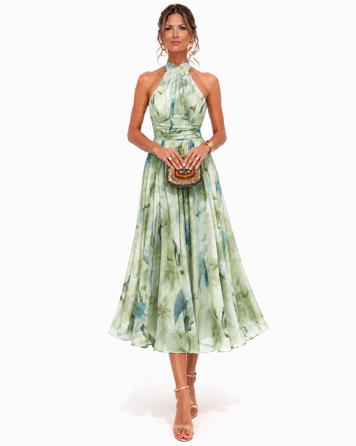 Aurora | Halter dress with an elegant neckline and watercolor print, romantic and light