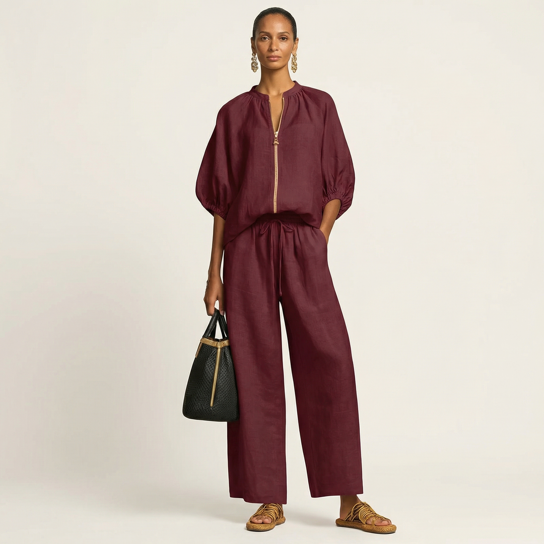 Women’s Zipper-Front Puff-Sleeve Two-Piece Set