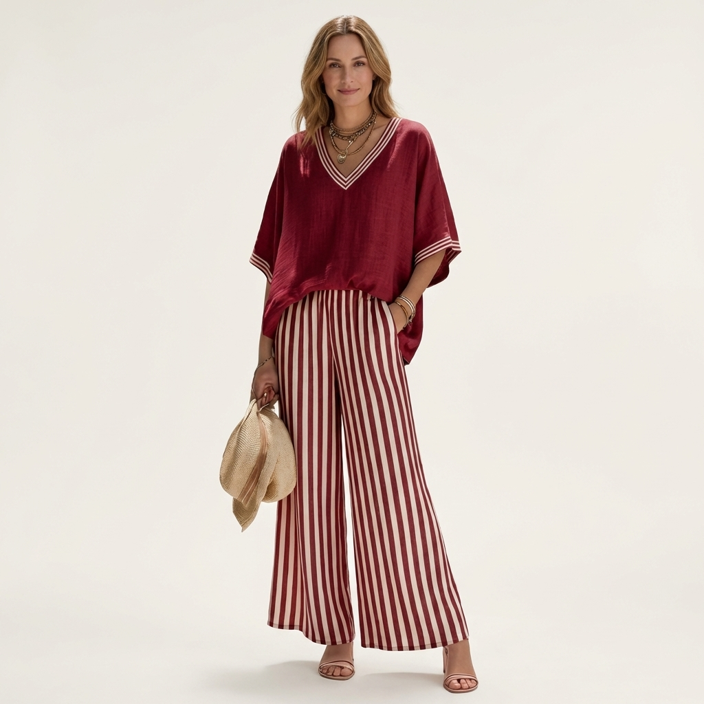 Women’s V-Neck Striped Wide-Leg Top And Pants Set