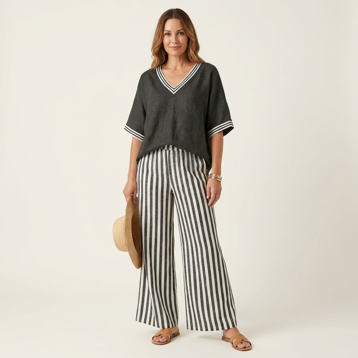Women’s V-Neck Striped Wide-Leg Top And Pants Set