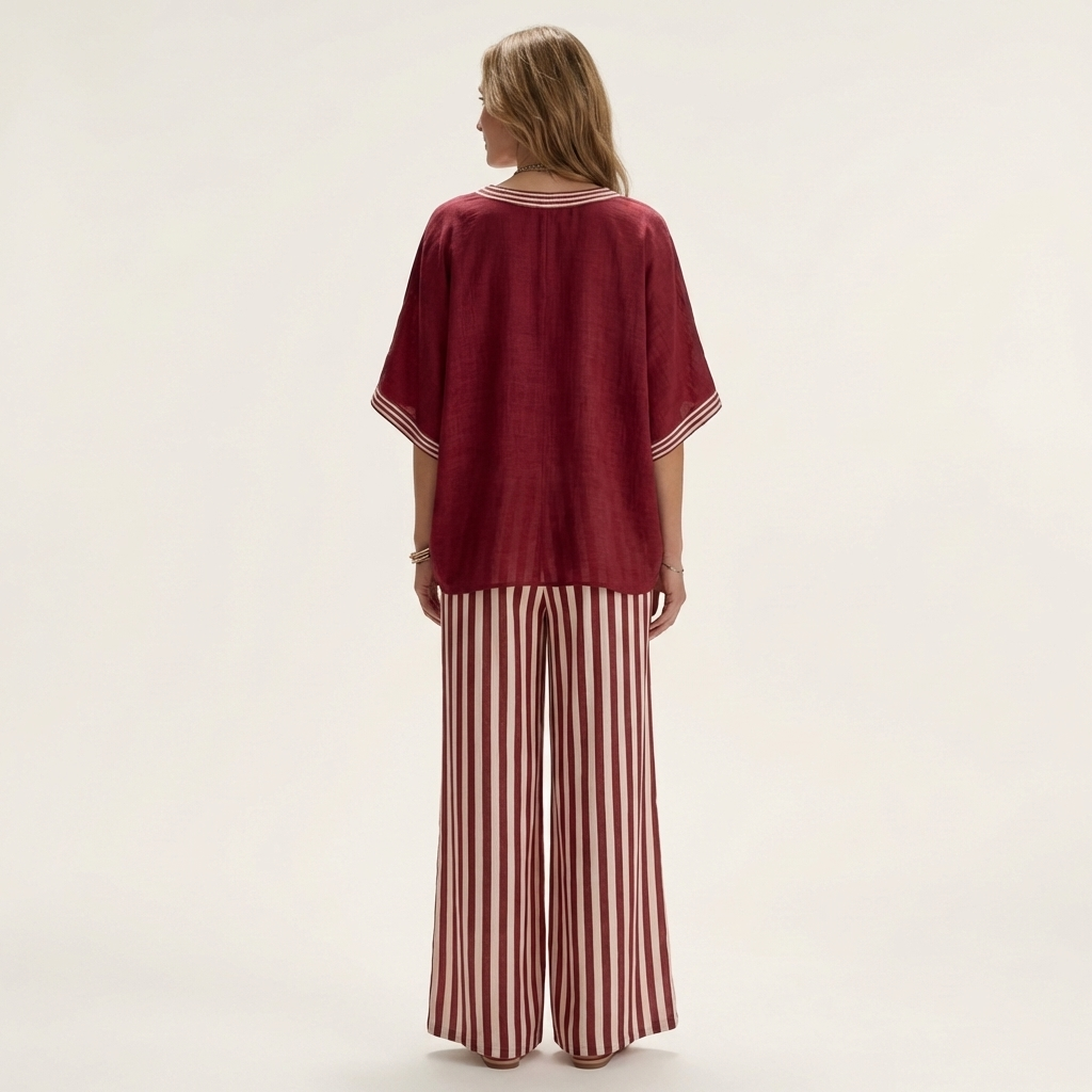 Women’s V-Neck Striped Wide-Leg Top And Pants Set