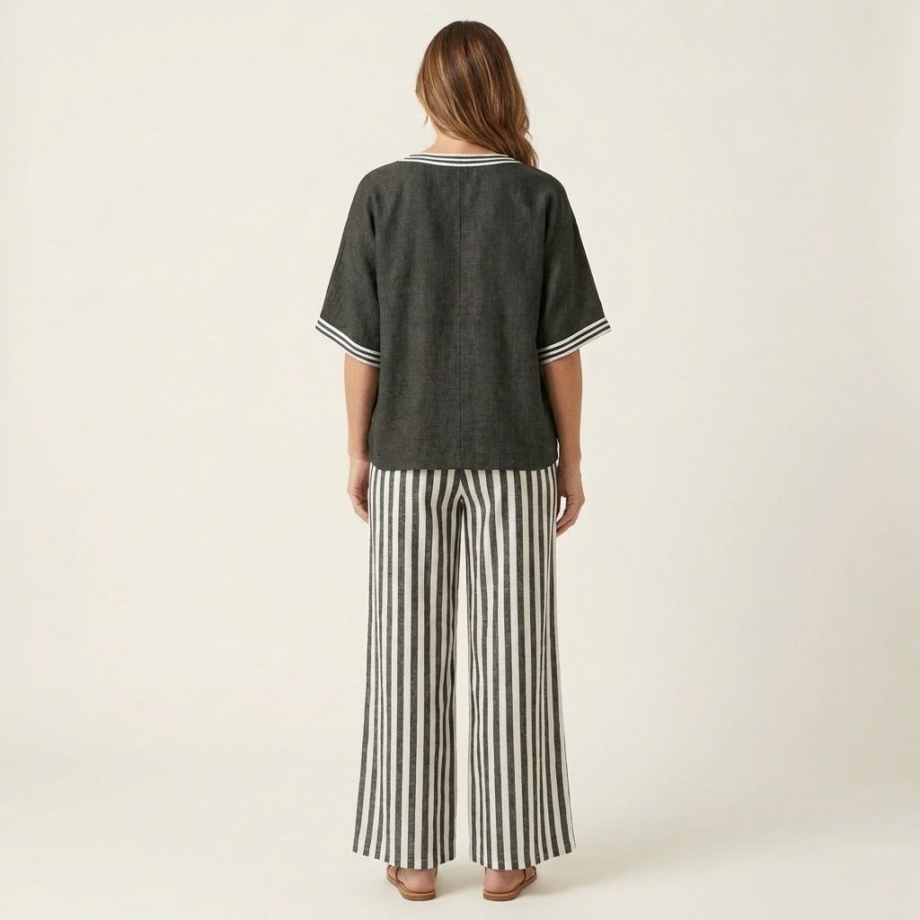 Women’s V-Neck Striped Wide-Leg Top And Pants Set
