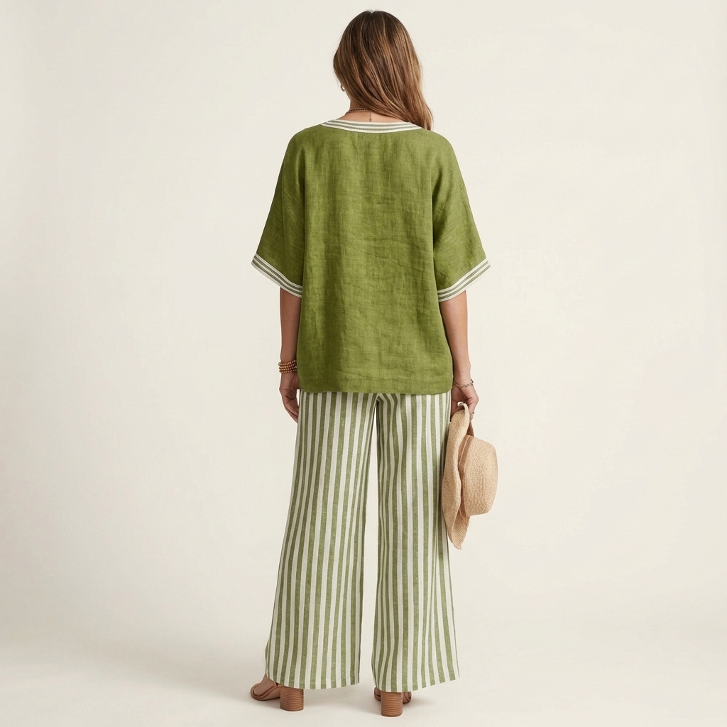 Women’s V-Neck Striped Wide-Leg Top And Pants Set