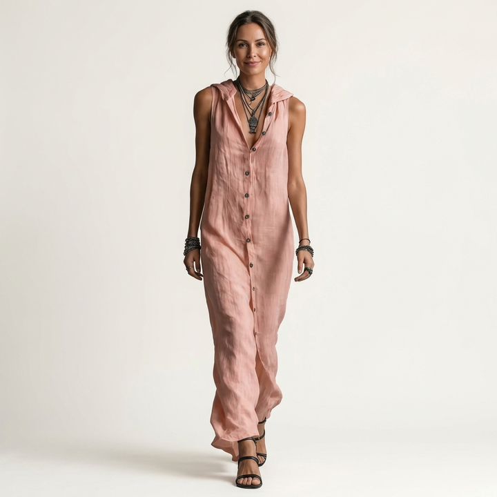 Women’s Hooded Button Front Sleeveless Maxi Dress
