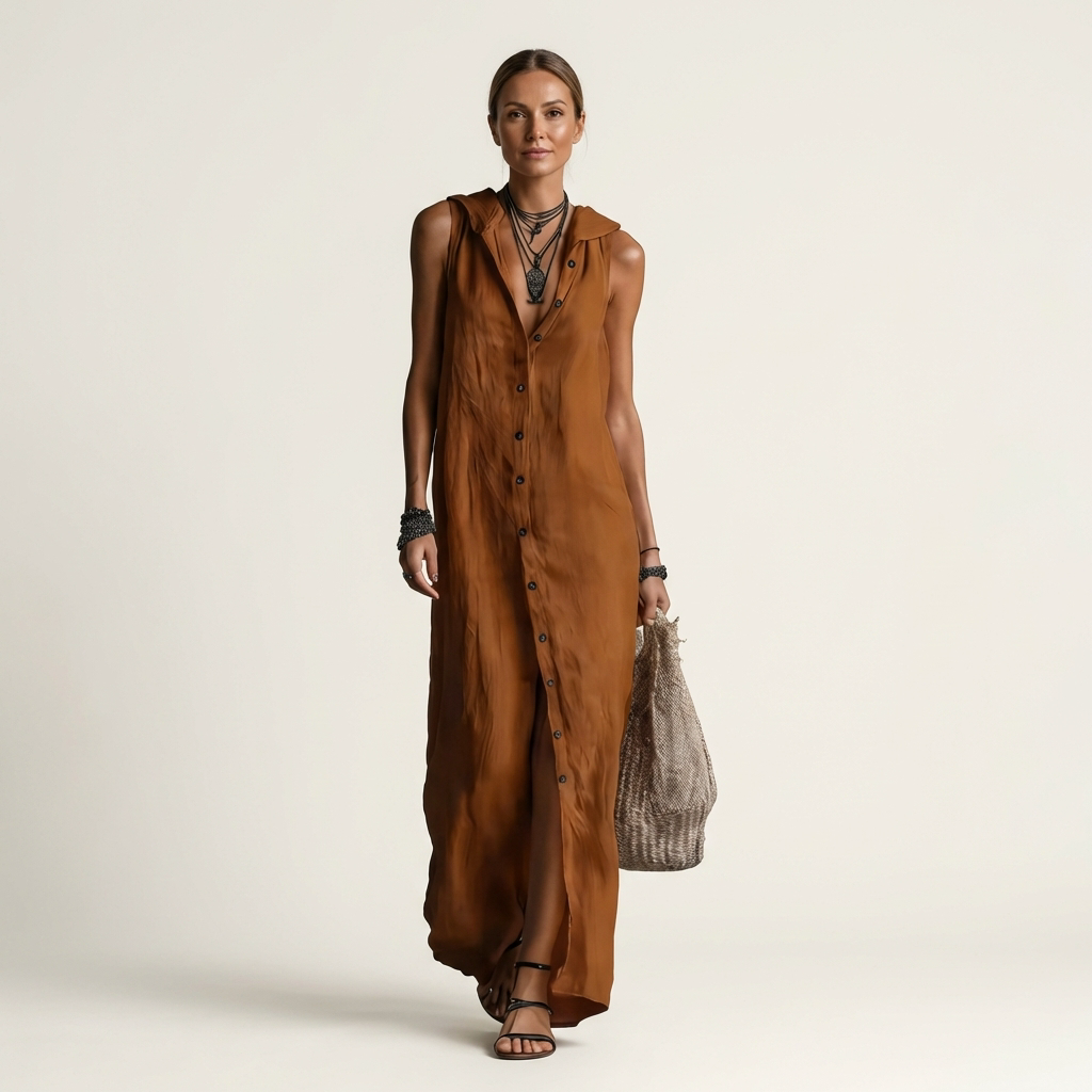 Women’s Hooded Button Front Sleeveless Maxi Dress