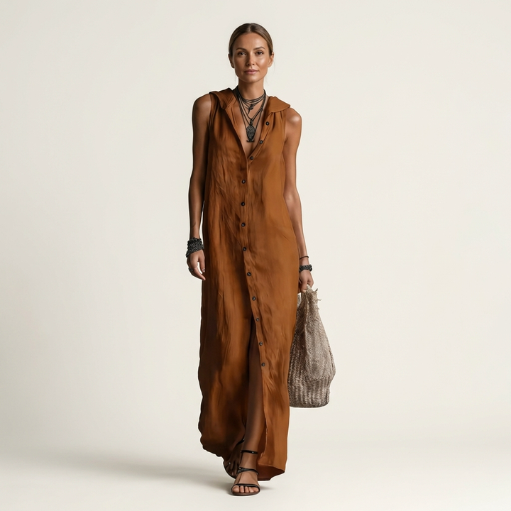 Women’s Hooded Button Front Sleeveless Maxi Dress