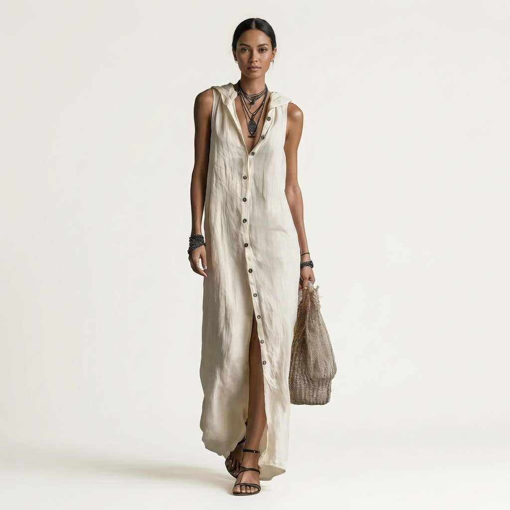 Women’s Hooded Button Front Sleeveless Maxi Dress
