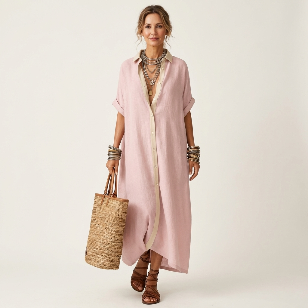 Women’s Button-Front Short-Sleeve Maxi Shirt Dress