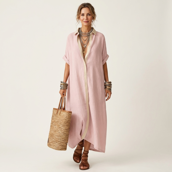 Women’s Button-Front Short-Sleeve Maxi Shirt Dress