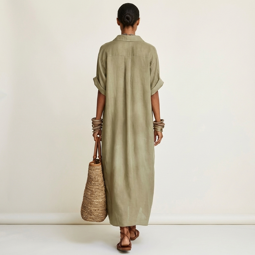 Women’s Button-Front Short-Sleeve Maxi Shirt Dress