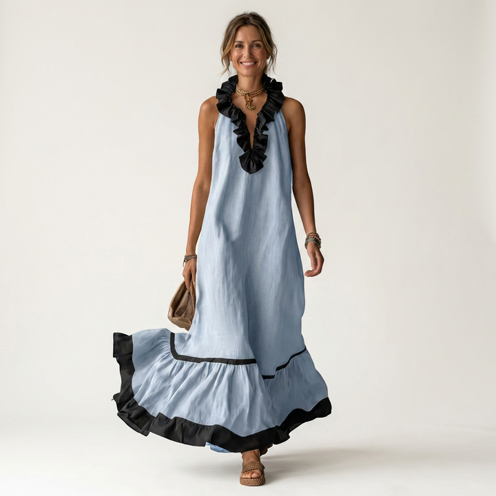 Women’s Sleeveless Ruffle Neck Contrast Trim Maxi Dress