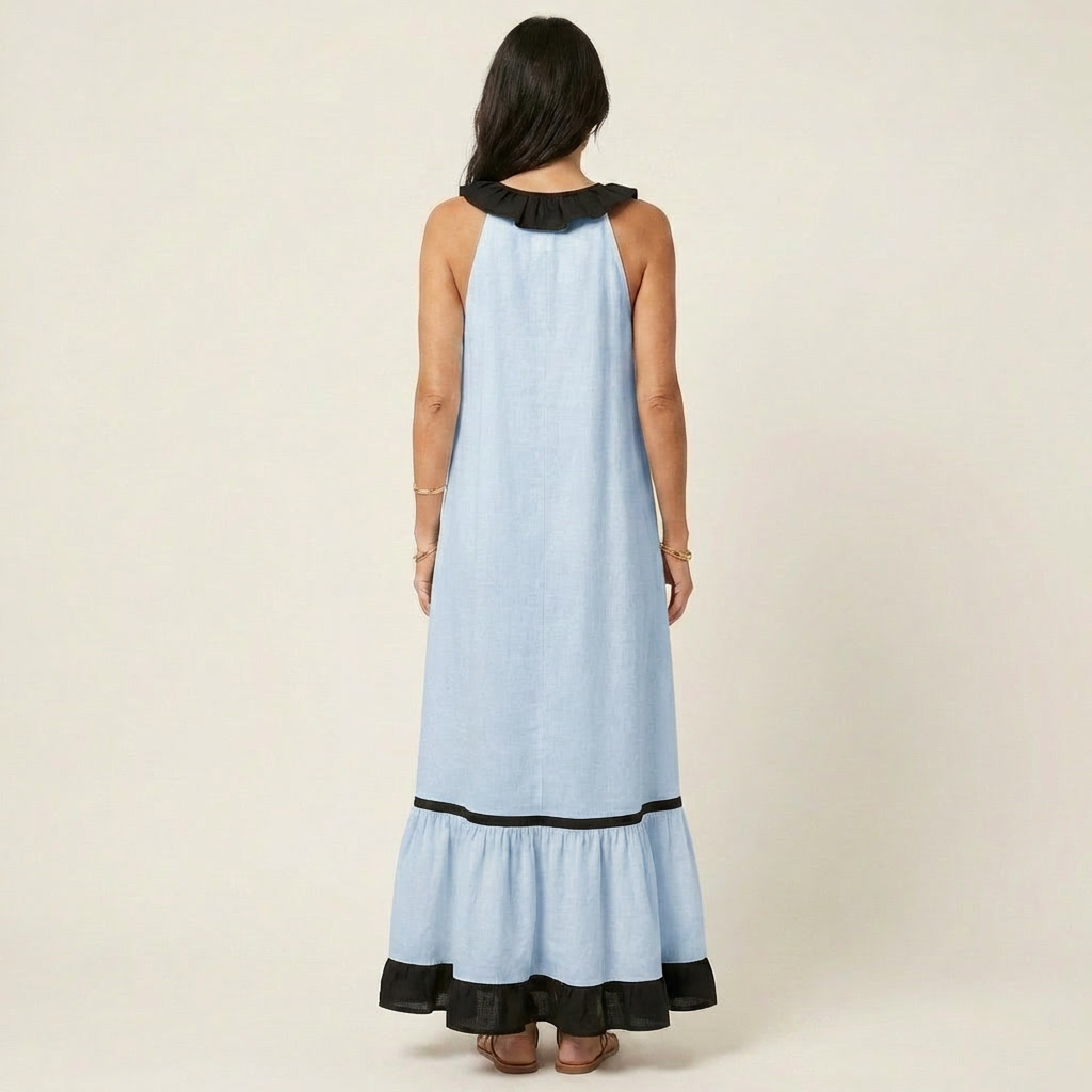 Women’s Sleeveless Ruffle Neck Contrast Trim Maxi Dress