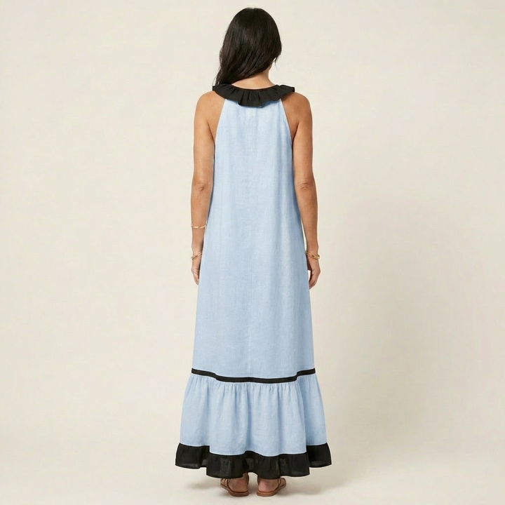 Women’s Sleeveless Ruffle Neck Contrast Trim Maxi Dress