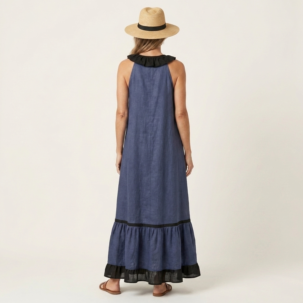 Women’s Sleeveless Ruffle Neck Contrast Trim Maxi Dress