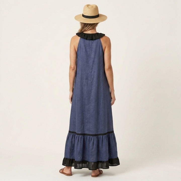 Women’s Sleeveless Ruffle Neck Contrast Trim Maxi Dress