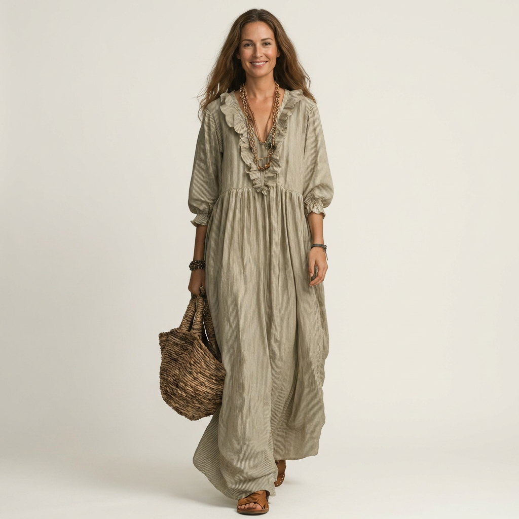 Women’s Striped V-Neck Ruffle Maxi Dress