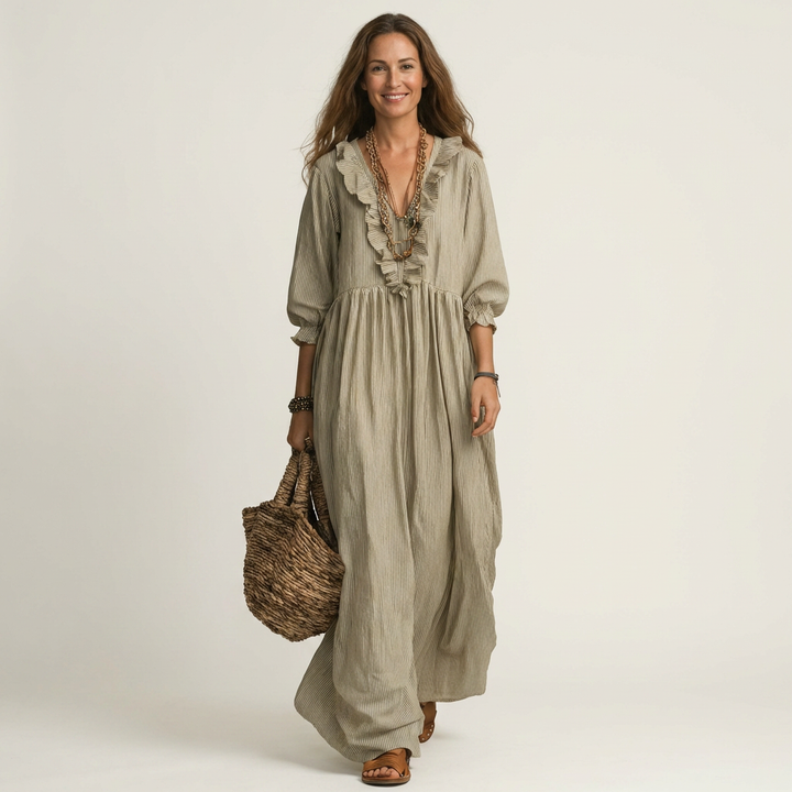 Women’s Striped V-Neck Ruffle Maxi Dress