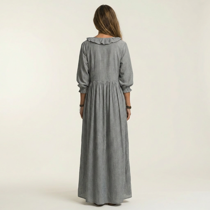 Women’s Striped V-Neck Ruffle Maxi Dress