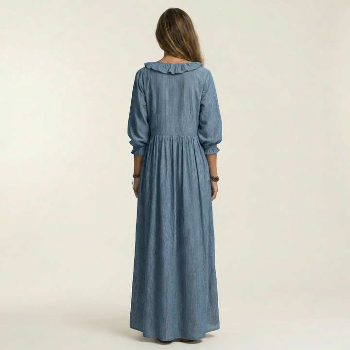 Women’s Striped V-Neck Ruffle Maxi Dress