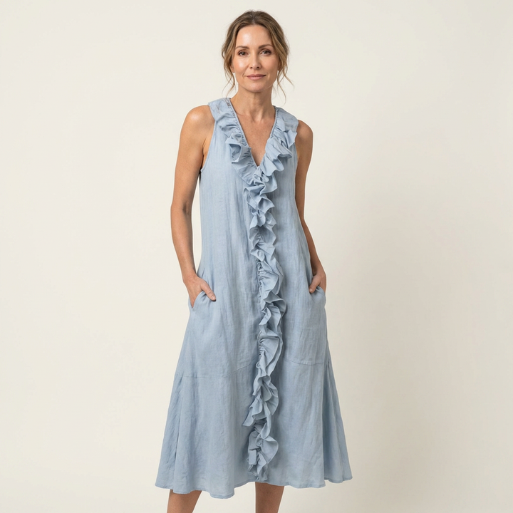 Women’s Ruffle Front V-Neck Sleeveless Maxi Dress