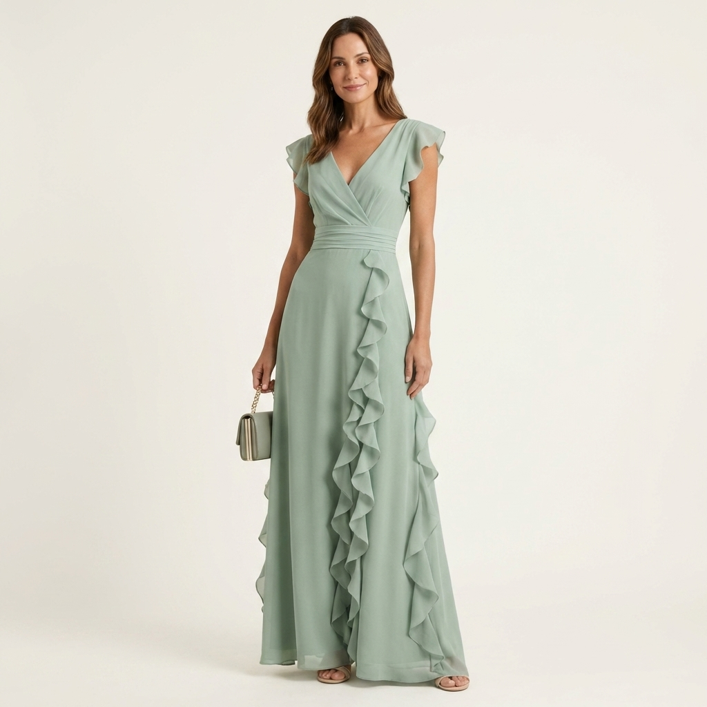 Women’s Wrap V-Neck Flutter-Sleeve Ruffle Maxi Dress
