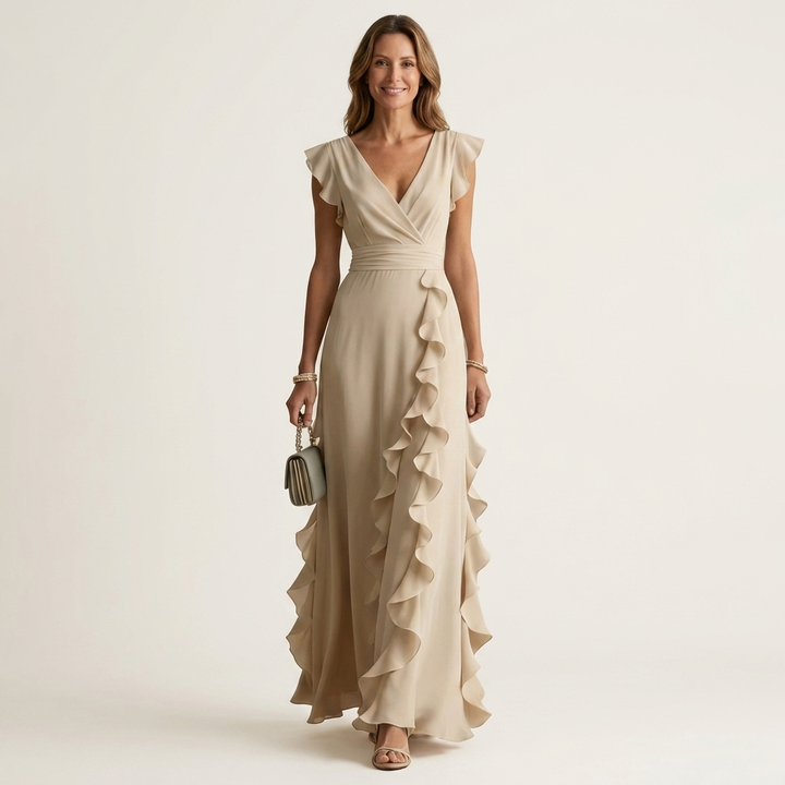Women’s Wrap V-Neck Flutter-Sleeve Ruffle Maxi Dress
