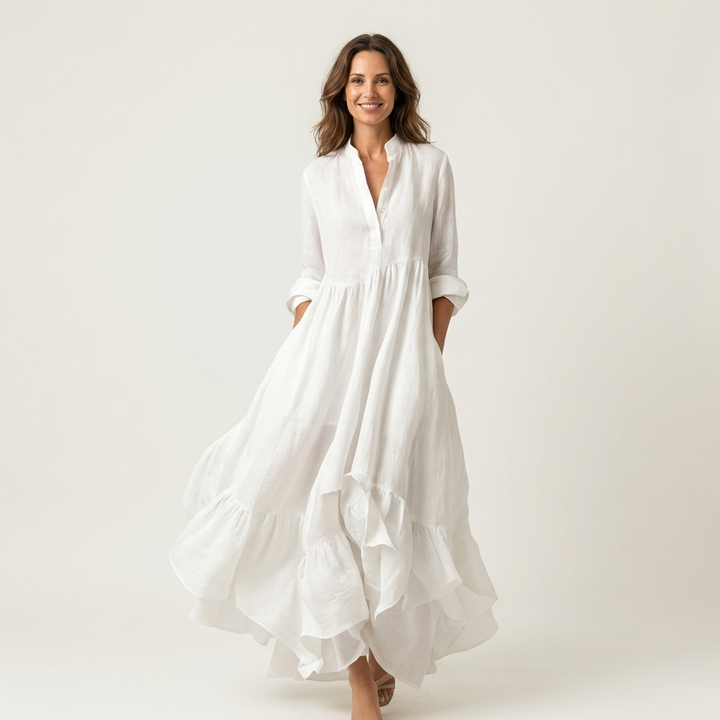 Women’s High Neck Button Front Ruffle Hem Maxi Dress