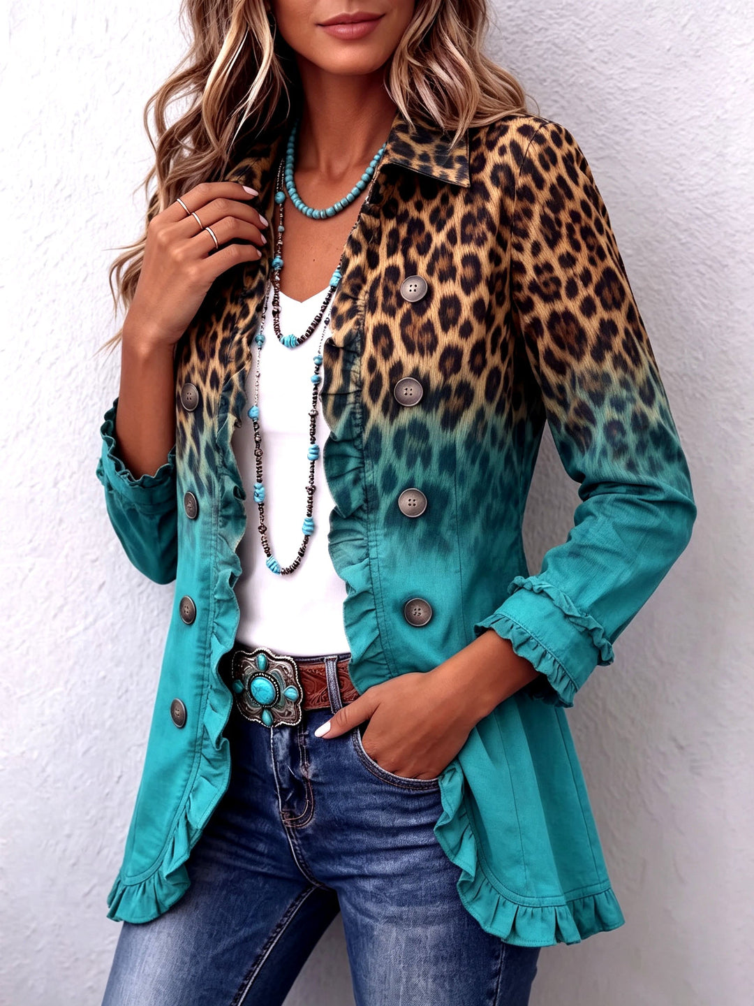 Women’s Leopard Print Ombre Ruffle Blazer