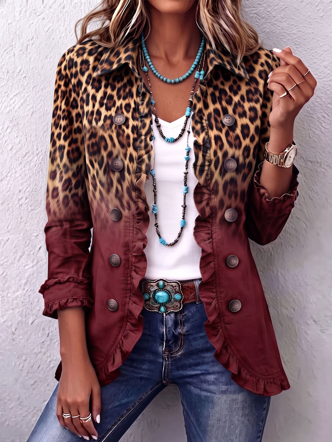 Women’s Leopard Print Ombre Ruffle Blazer