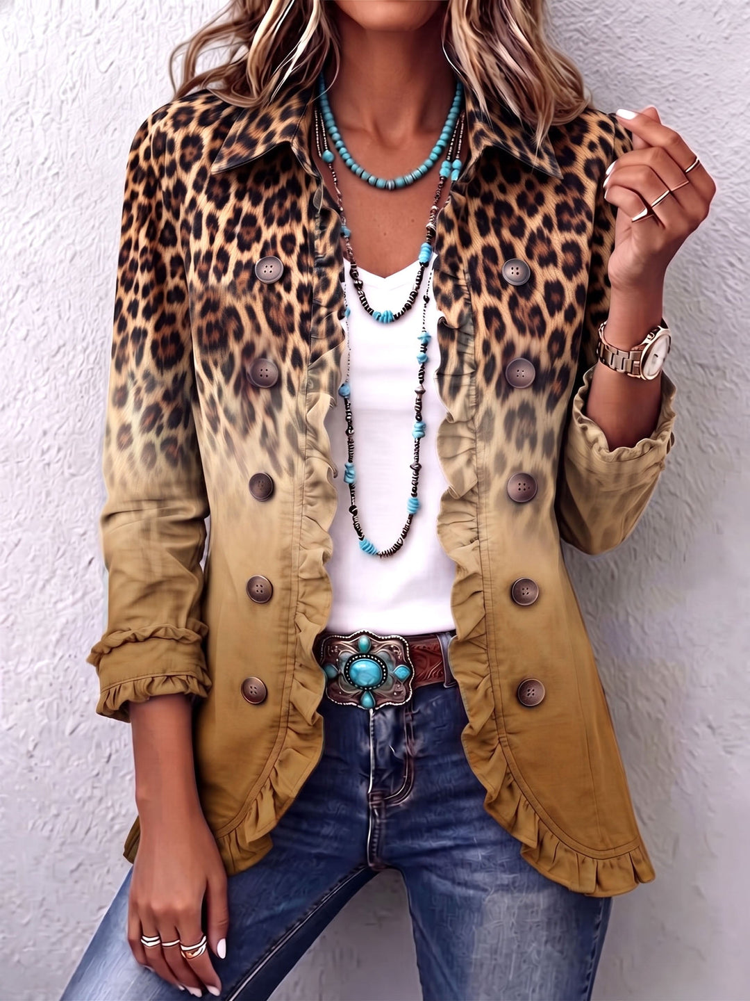 Women’s Leopard Print Ombre Ruffle Blazer